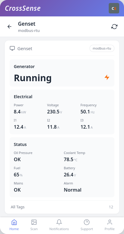 CrossSense app genset monitoring screen